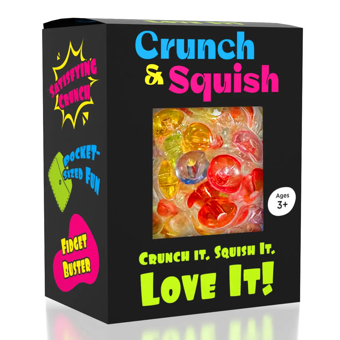 Crunch & Squish sensory fidget toy in black packaging with colorful contents and an ages 3+ label