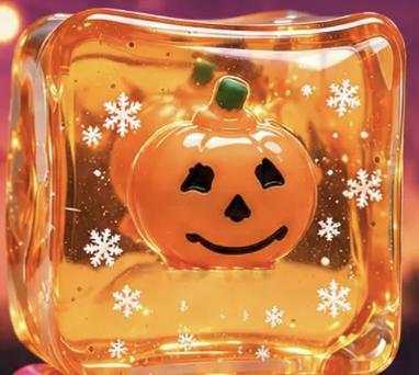 Pumpkin jack-o-lantern inside a clear golden glitter gel ice cube squishy squeeze toy