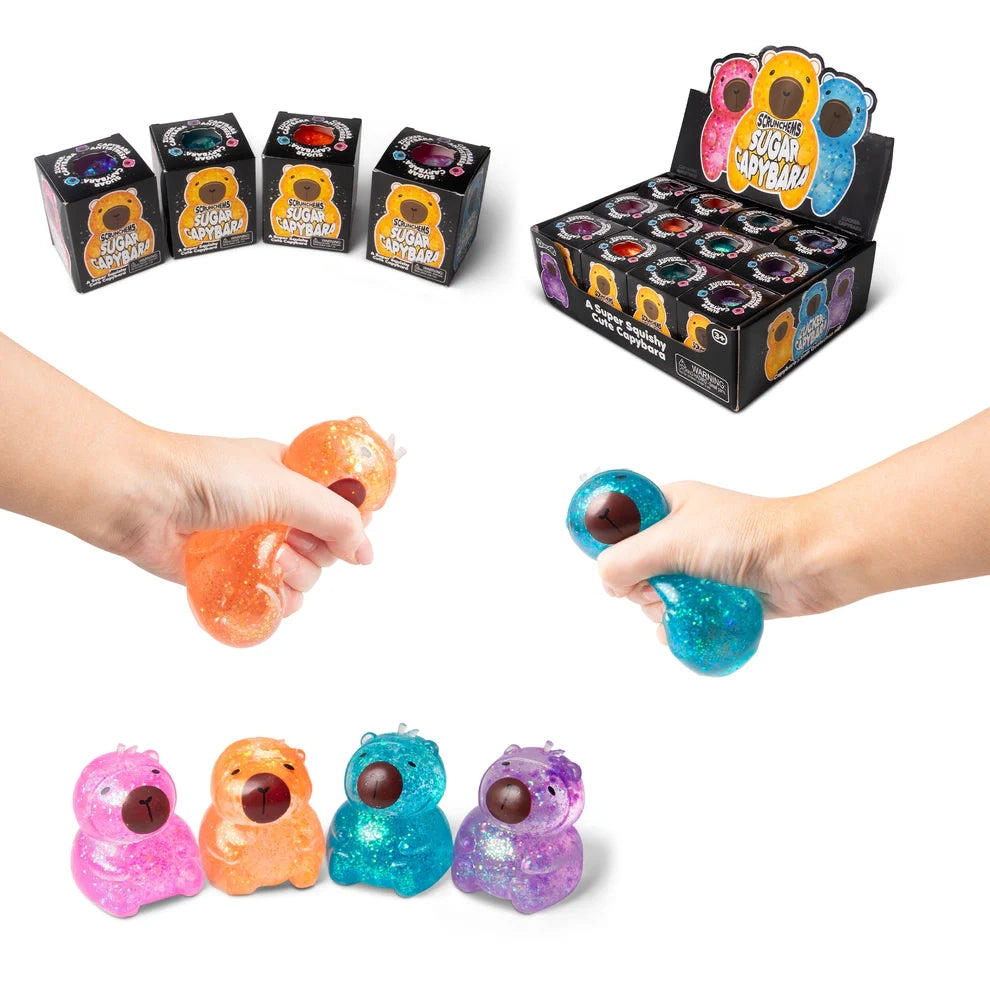 Pink, orange, blue, and purple Scrunchems Sugar Capybara squishy toys with packaging and squeeze demonstrations