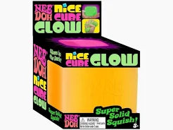 Nee Doh Nice Cube Glow yellow glow-in-the-dark squishy stress toy in display box