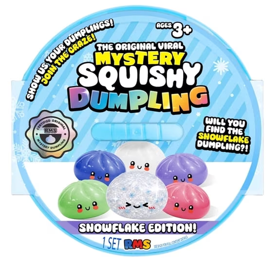RMS Mystery Squishy Dumpling Snowflake Edition packaging showing colorful dumpling characters and a snowflake design