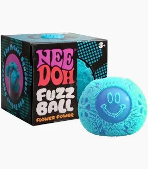 Nee Doh Fuzz Ball Flower Power blue fuzzy squishy stress toy with smiley face