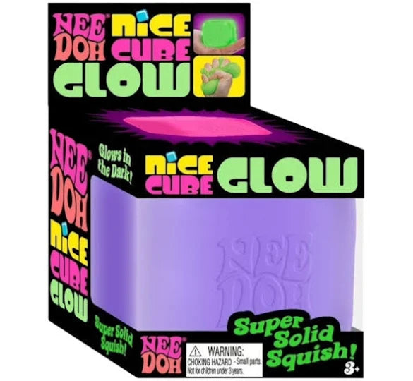 Nee Doh Nice Cube Glow packaging — purple glow-in-the-dark squish cube